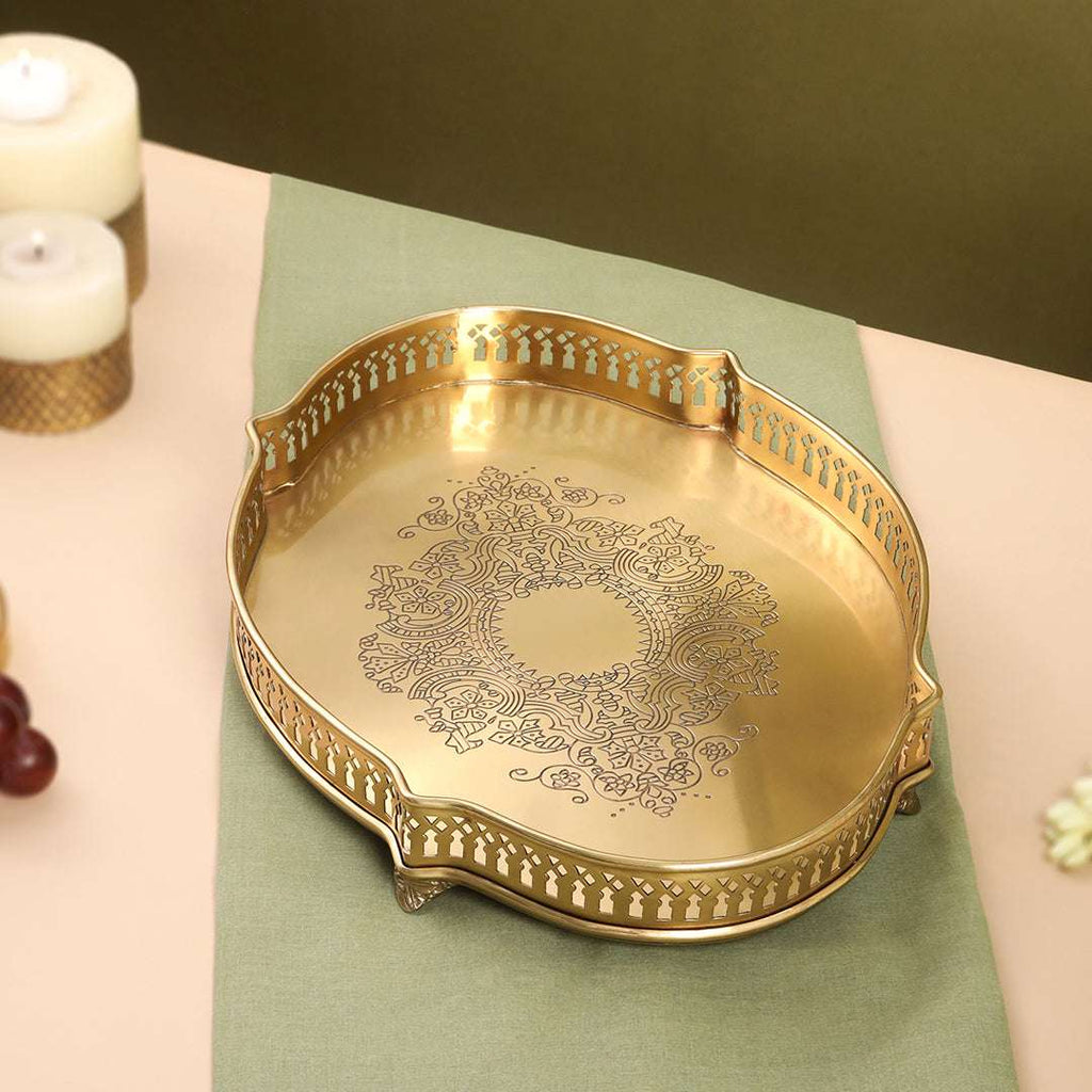 Brass Matt Oval Embossed Tray / Platter (12 Inch) Vedansh Craft