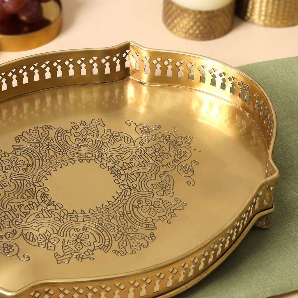 Brass Matt Oval Embossed Tray / Platter (12 Inch) Vedansh Craft