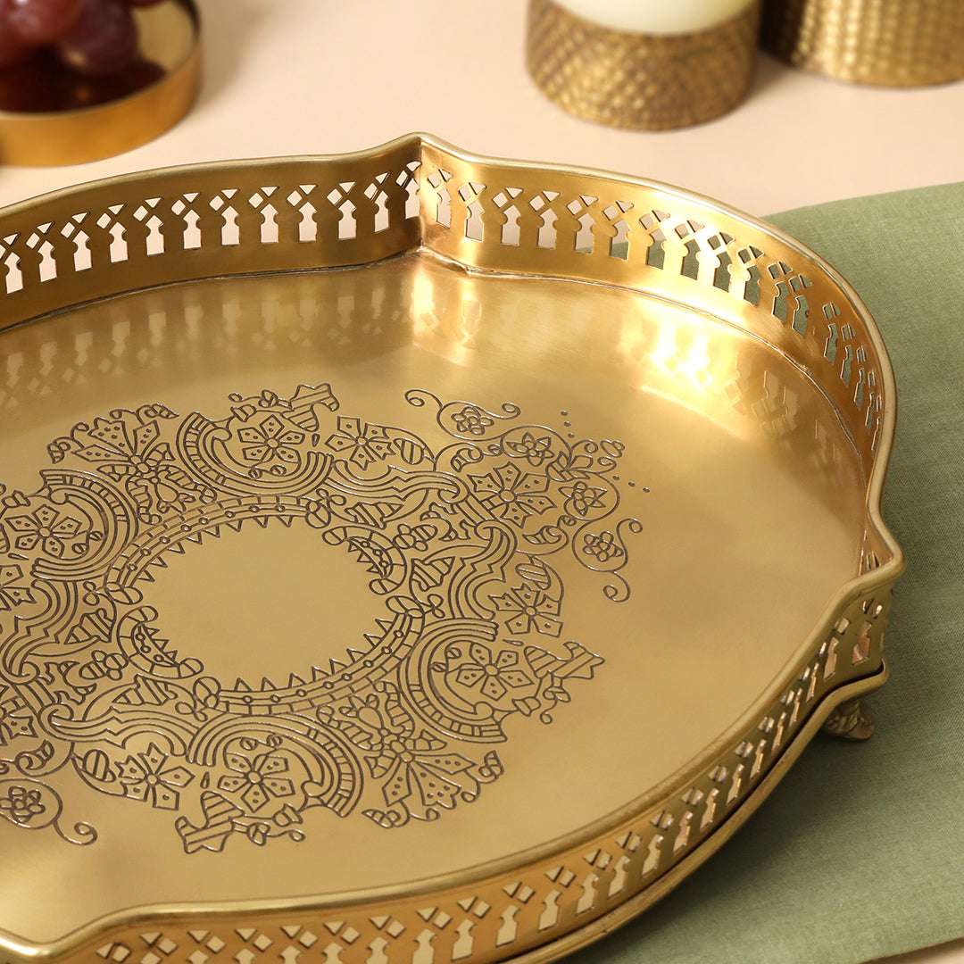 Brass Matt Oval Embossed Tray / Platter (12 Inch) Vedansh Craft