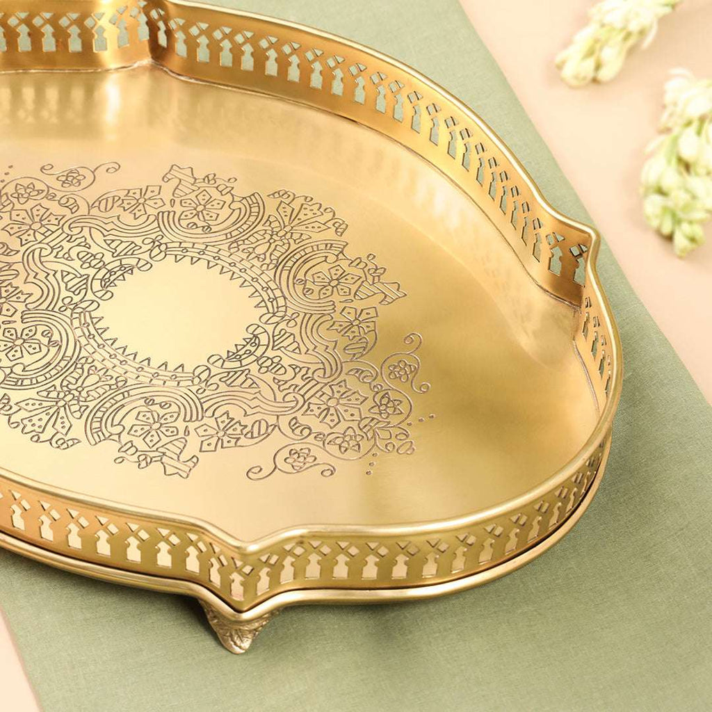 Brass Matt Oval Embossed Tray / Platter (12 Inch) Vedansh Craft