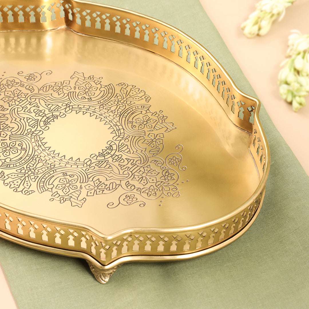 Brass Matt Oval Embossed Tray / Platter (12 Inch) Vedansh Craft