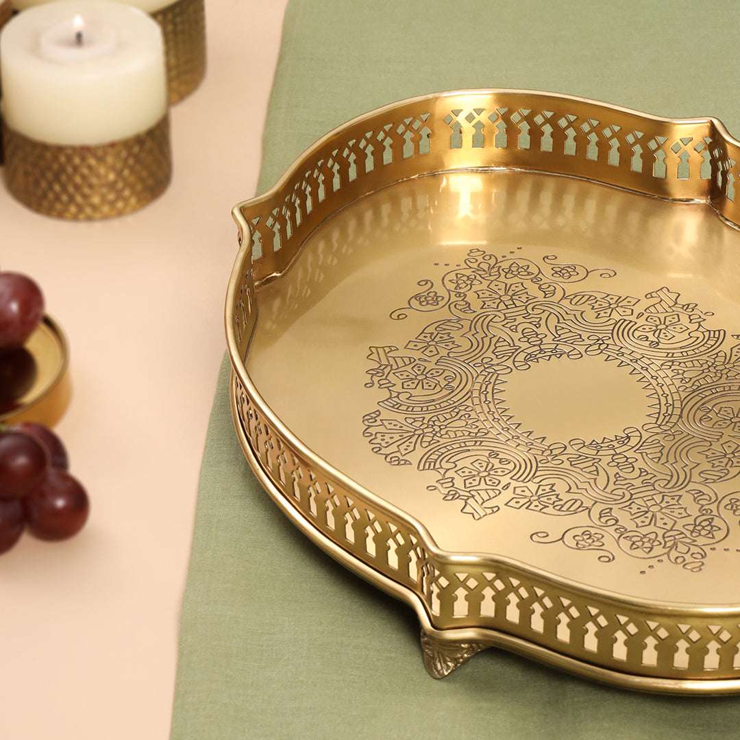 Brass Matt Oval Embossed Tray / Platter (12 Inch) Vedansh Craft