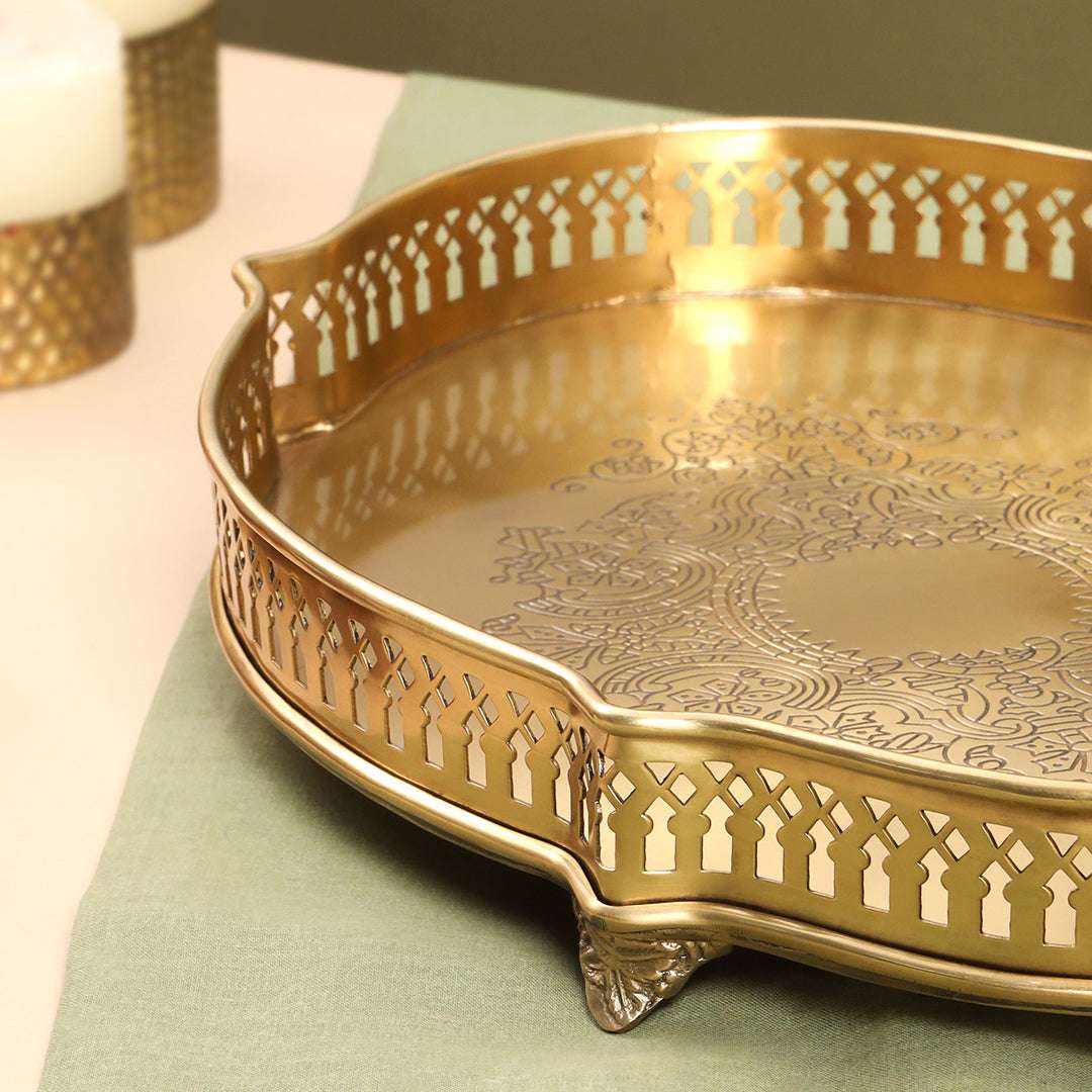 Brass Matt Oval Embossed Tray / Platter (12 Inch) Vedansh Craft
