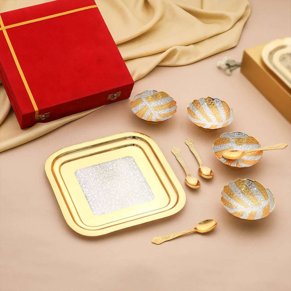 Brass Silver & Gold Finish 4 Bowl & 4 Spoon And 1 Tray Set With Velvet box Vedansh Craft