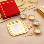 Brass Silver & Gold Finish 4 Bowl & 4 Spoon And 1 Tray Set With Velvet box Vedansh Craft