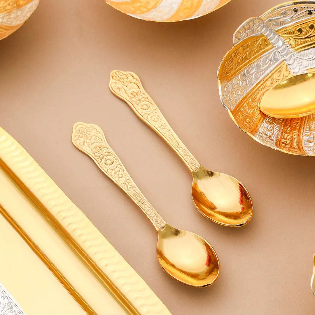 Brass Silver & Gold Finish 4 Bowl & 4 Spoon And 1 Tray Set With Velvet box Vedansh Craft