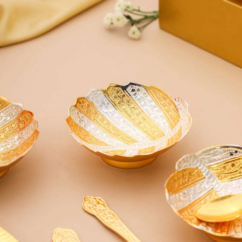 Brass Silver & Gold Finish 4 Bowl & 4 Spoon And 1 Tray Set With Velvet box Vedansh Craft