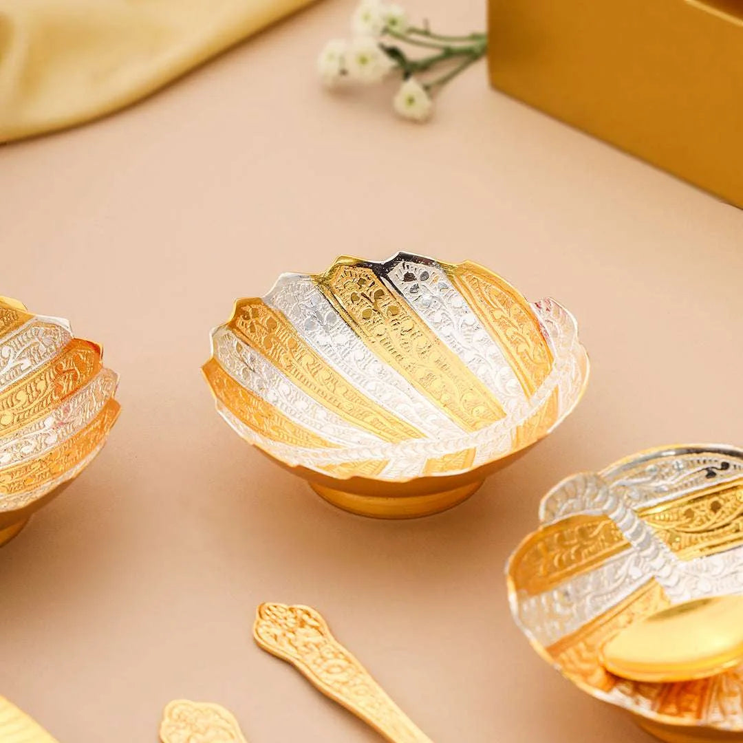 Brass Silver & Gold Finish 4 Bowl & 4 Spoon And 1 Tray Set With Velvet box Vedansh Craft