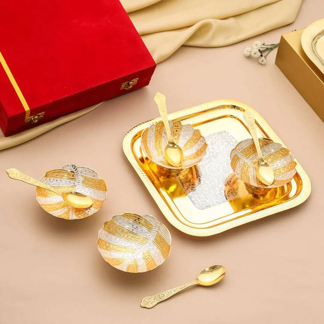 Brass Silver & Gold Finish 4 Bowl & 4 Spoon And 1 Tray Set With Velvet box Vedansh Craft