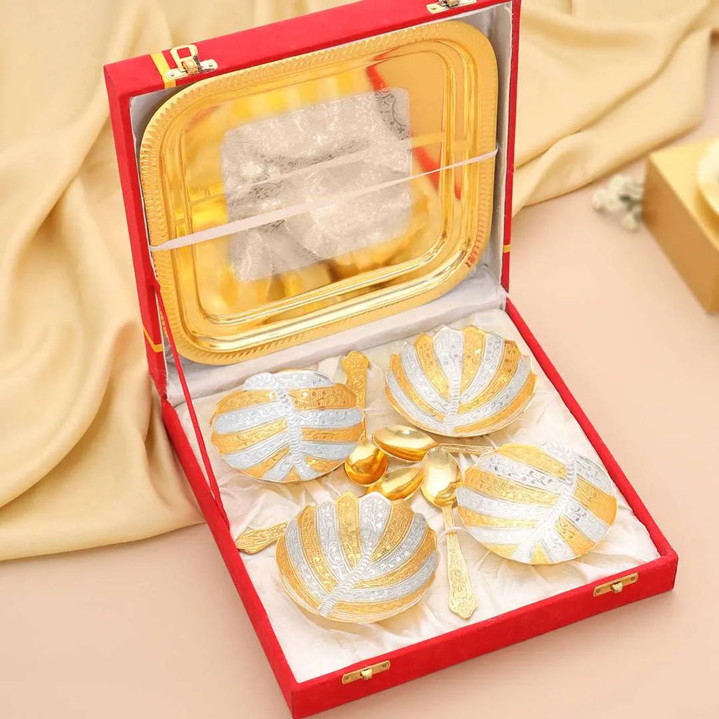 Brass Silver & Gold Finish 4 Bowl & 4 Spoon And 1 Tray Set With Velvet box Vedansh Craft
