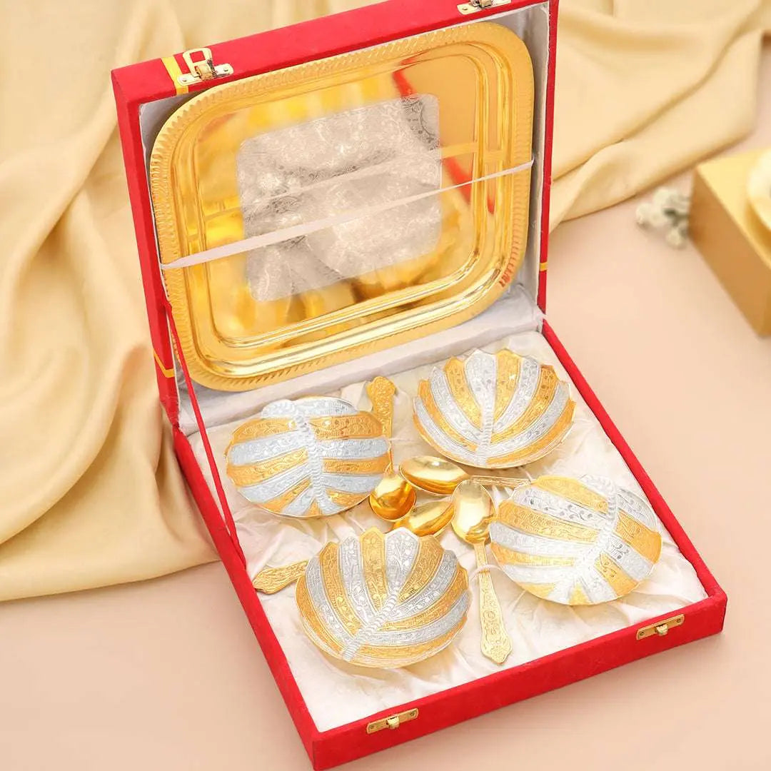Brass Silver & Gold Finish 4 Bowl & 4 Spoon And 1 Tray Set With Velvet box Vedansh Craft
