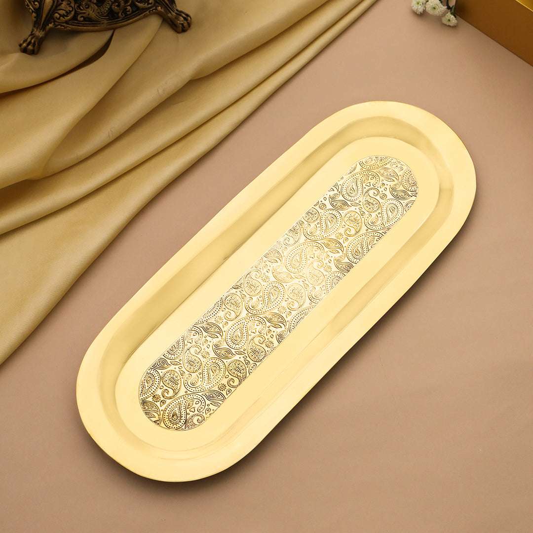 Brass Rectangular Serving Tray / Platter (14 Inch) Vedansh Craft