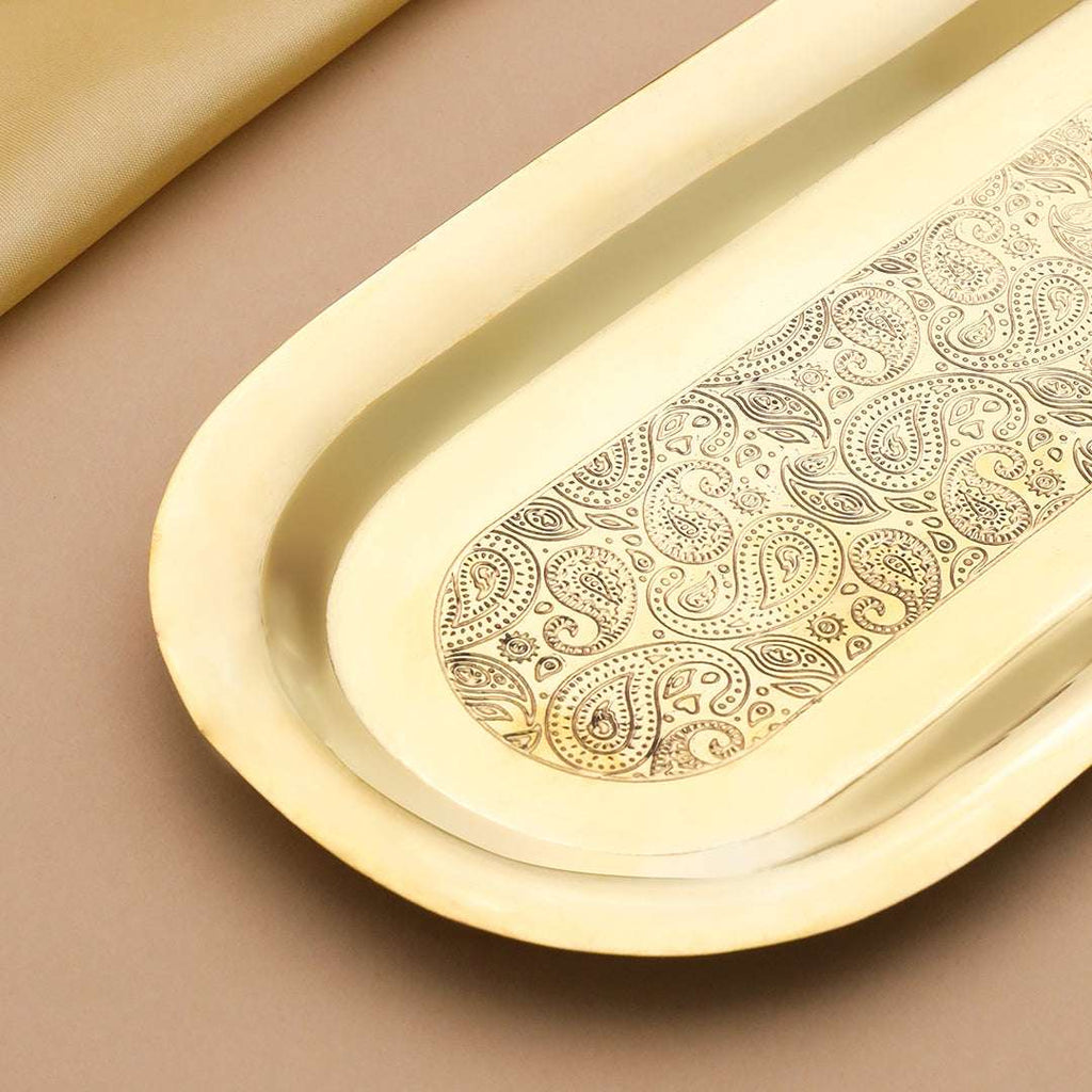 Brass Rectangular Serving Tray / Platter (14 Inch) Vedansh Craft