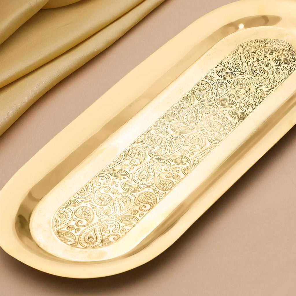 Brass Rectangular Serving Tray / Platter (14 Inch) Vedansh Craft