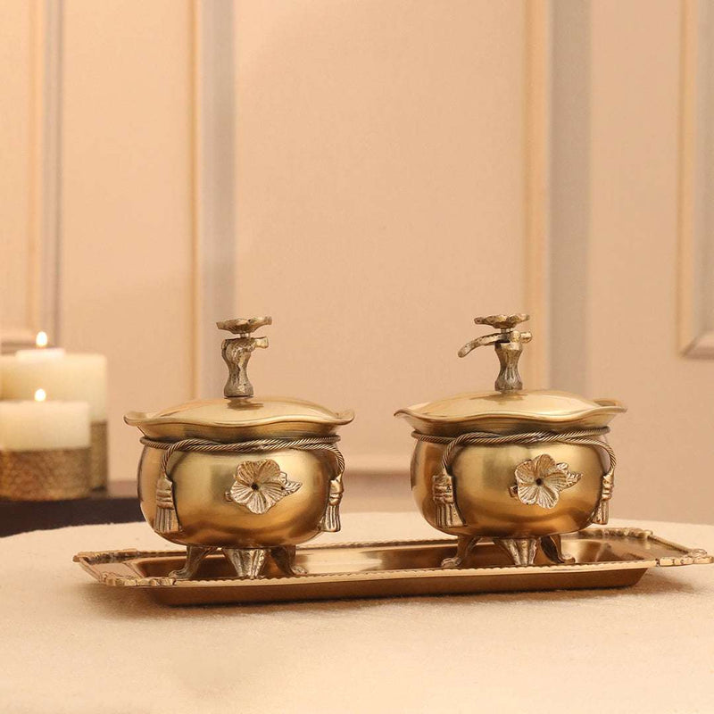 Brass Ribbon 2 Bowl With Lid & Rost 1 Tray Vedansh Craft