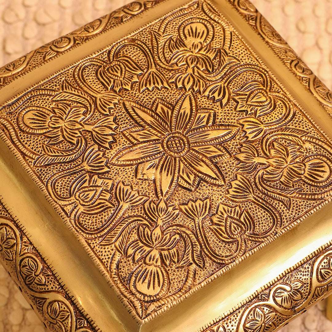 Brass Pooja Chowki with Floral Engraving – Lion Paw Legs (8.5 INCH) Vedansh Craft