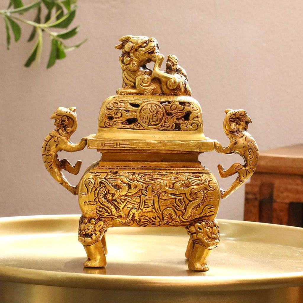 Brass Yali/kirtimukha Dragon Dhoop Dani & Incense Holder Vedansh Craft