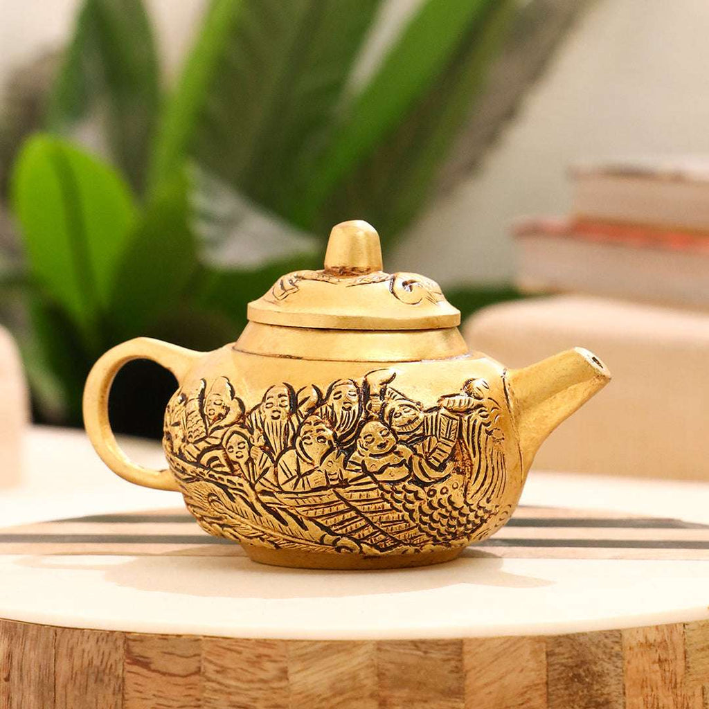 Brass Tea Pot/Kettle with Engraved Village Scene (3 INCH) Vedansh Craft