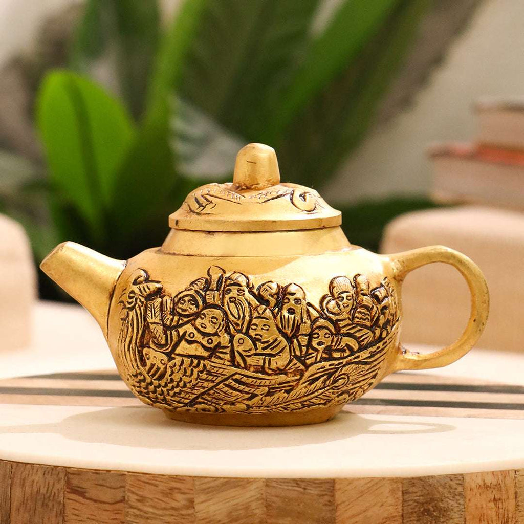 Brass Tea Pot/Kettle with Engraved Village Scene (3 INCH) Vedansh Craft