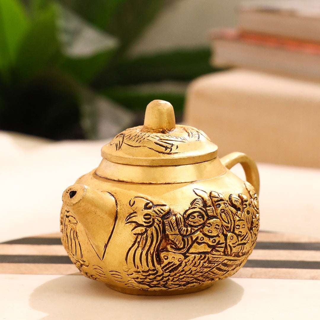Brass Tea Pot/Kettle with Engraved Village Scene (3 INCH) Vedansh Craft