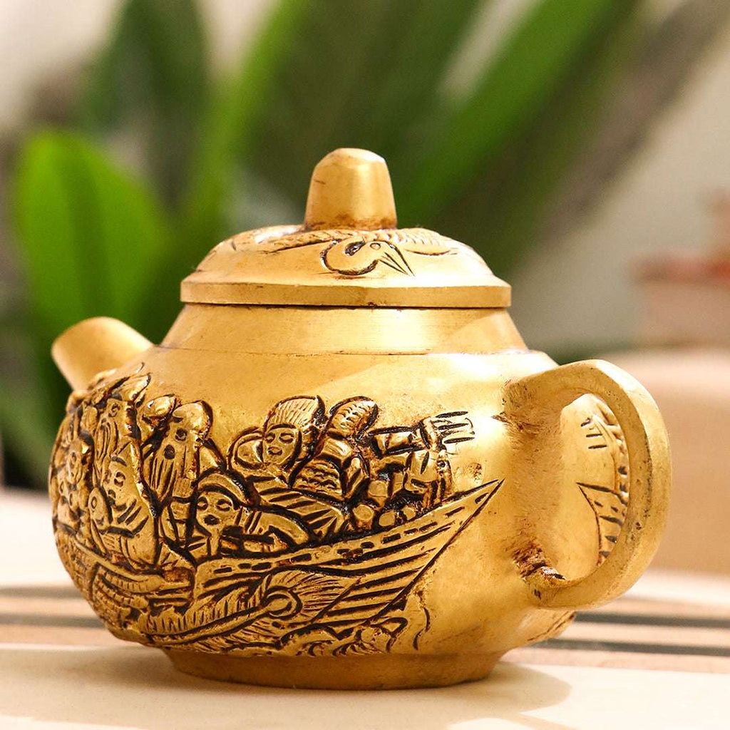 Brass Tea Pot/Kettle with Engraved Village Scene (3 INCH) Vedansh Craft