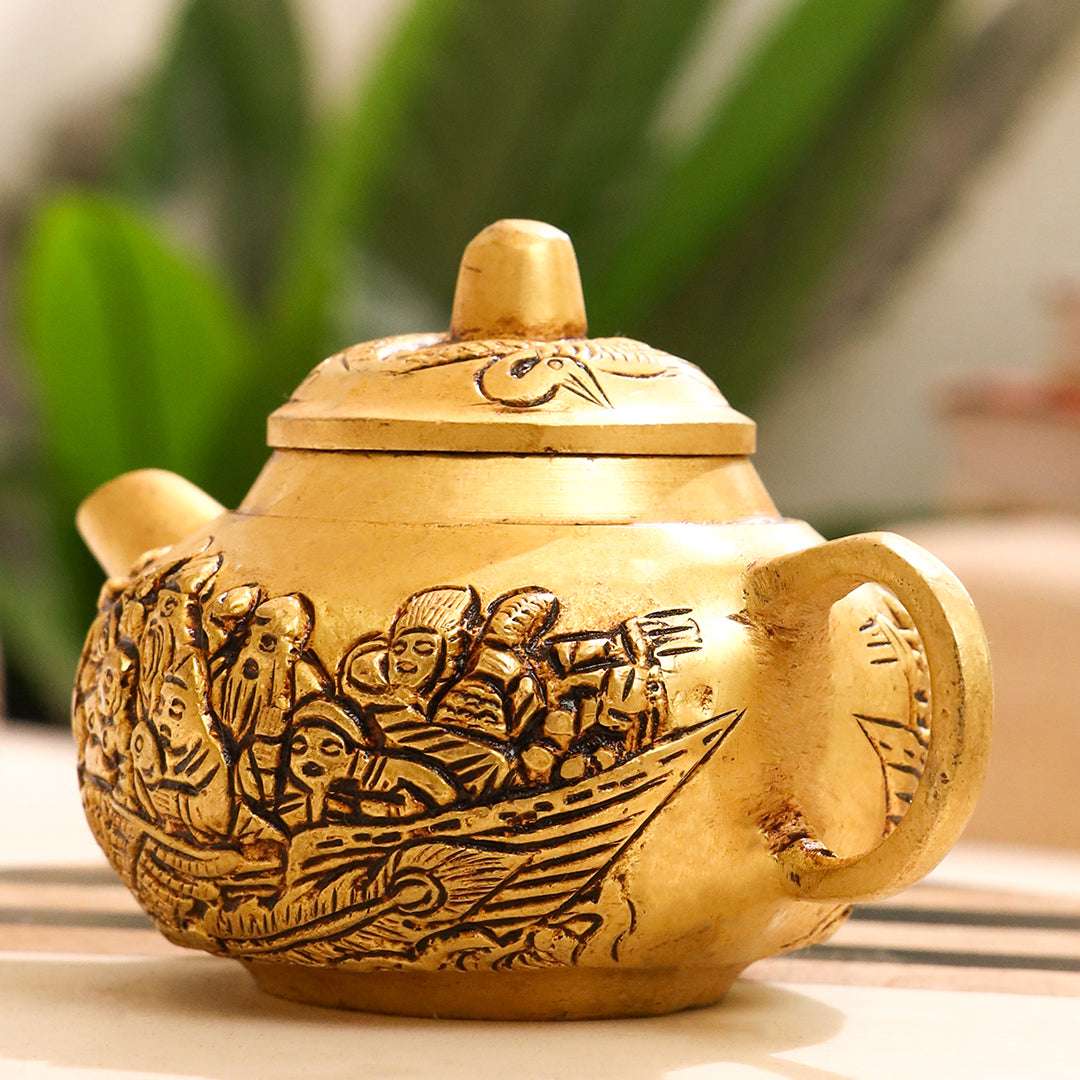 Brass Tea Pot/Kettle with Engraved Village Scene (3 INCH) Vedansh Craft