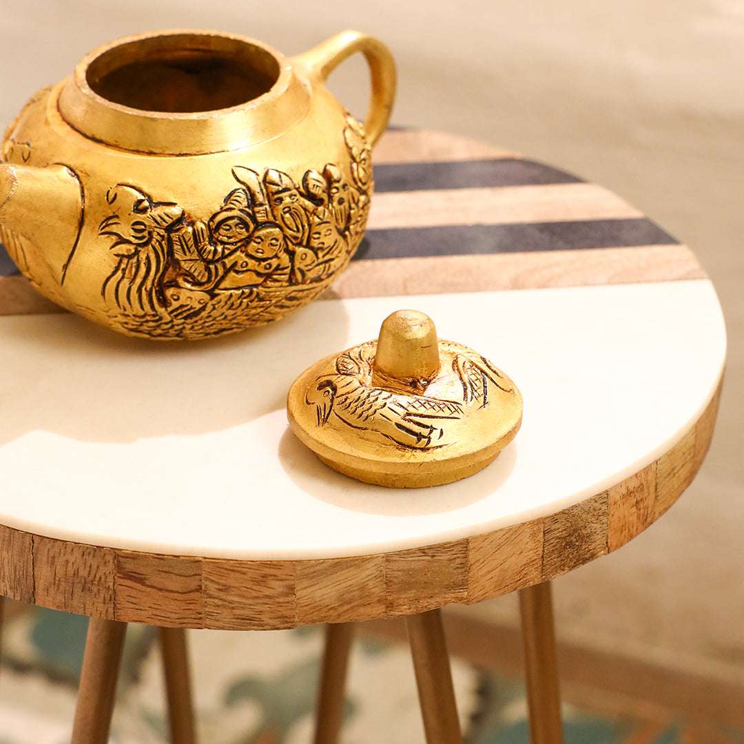 Brass Tea Pot/Kettle with Engraved Village Scene (3 INCH) Vedansh Craft
