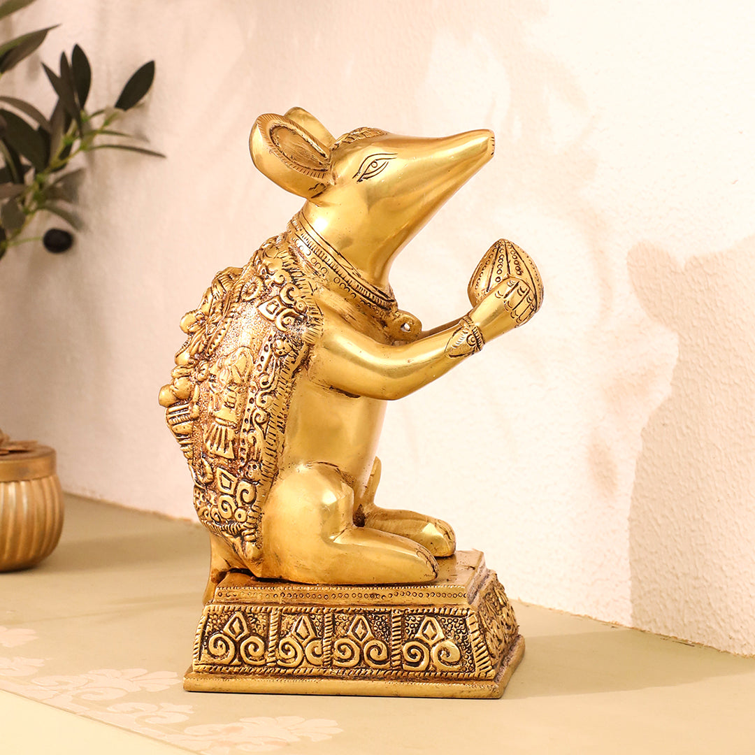 Brass Mushak/Rat Idol – Ganesha’s Devotee on Decorative Pedestal (6.5 INCH) Vedansh Craft