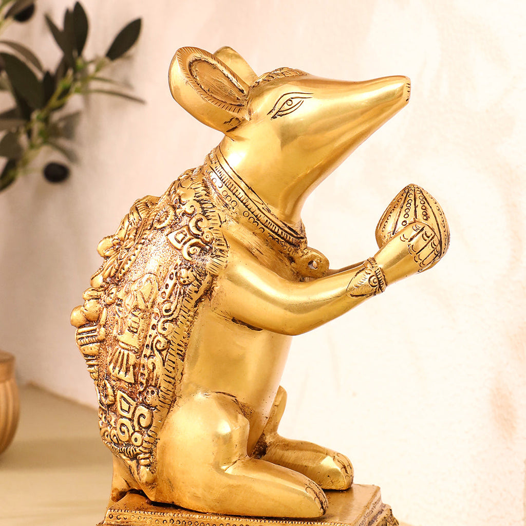 Brass Mushak/Rat Idol – Ganesha’s Devotee on Decorative Pedestal (6.5 INCH) Vedansh Craft