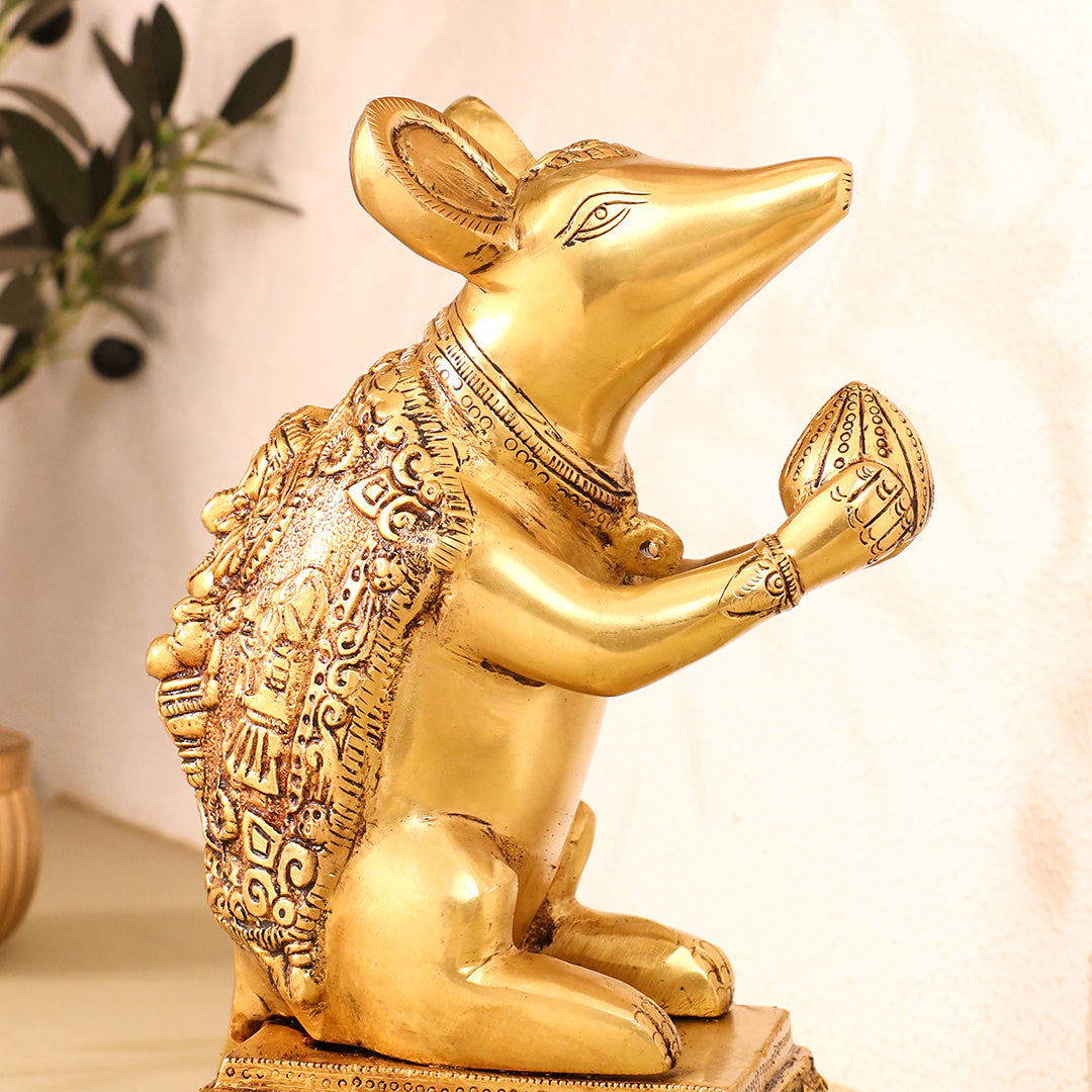 Brass Mushak/Rat Idol – Ganesha’s Devotee on Decorative Pedestal (6.5 INCH) Vedansh Craft