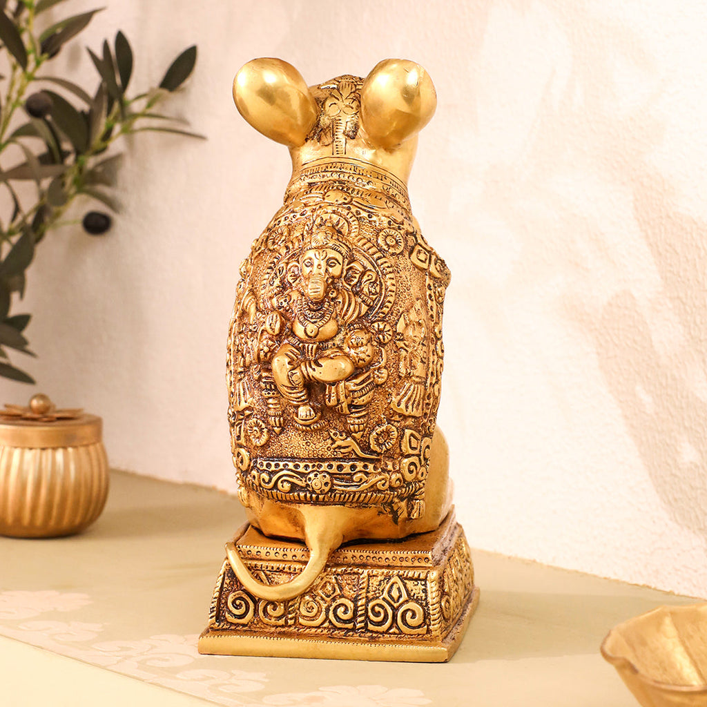 Brass Mushak/Rat Idol – Ganesha’s Devotee on Decorative Pedestal (6.5 INCH) Vedansh Craft