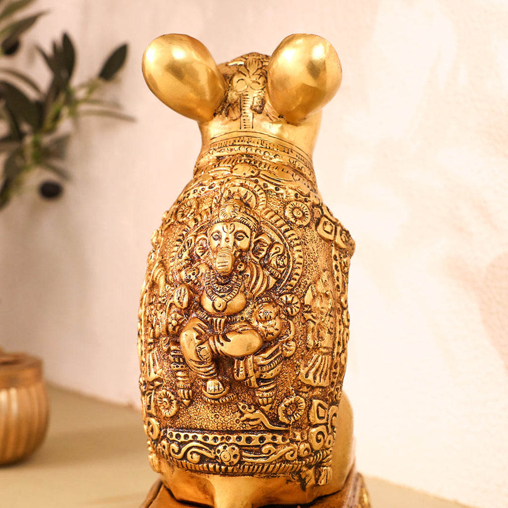 Brass Mushak/Rat Idol – Ganesha’s Devotee on Decorative Pedestal (6.5 INCH) Vedansh Craft