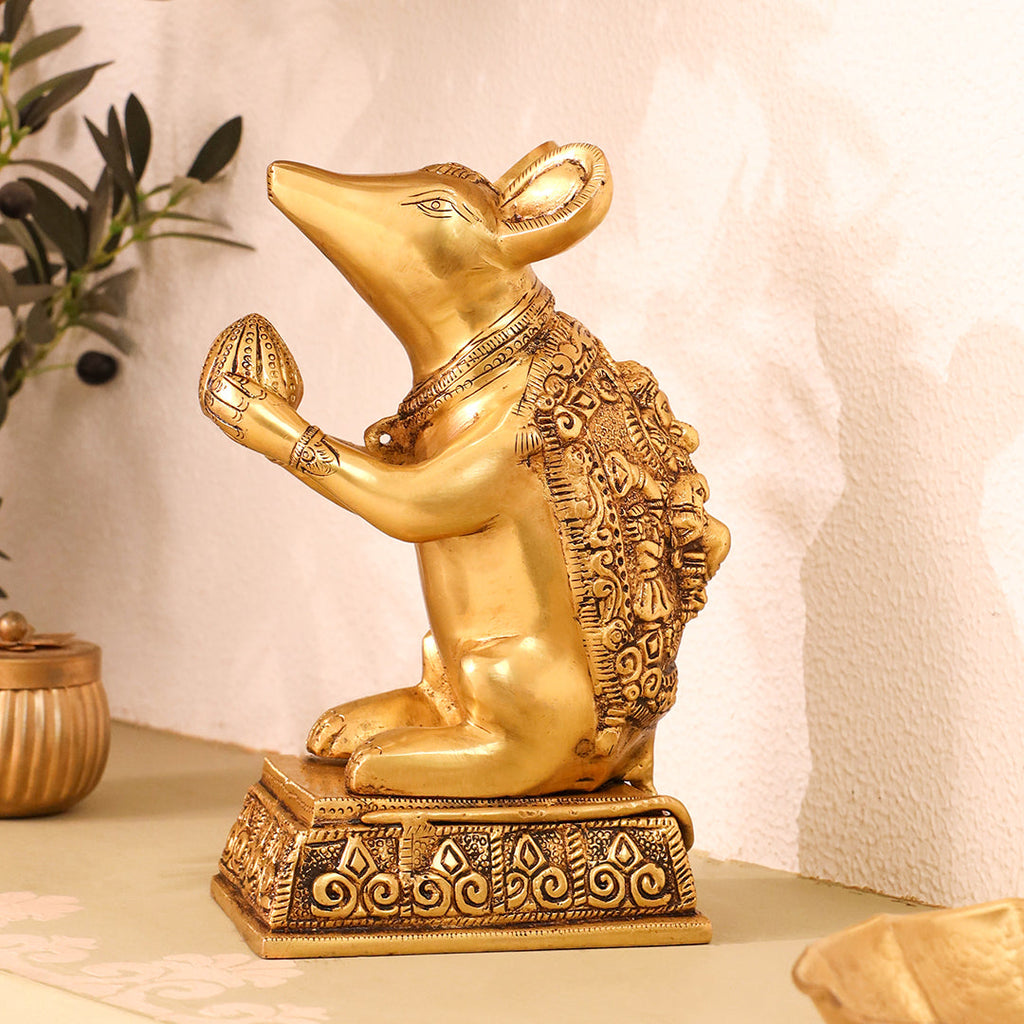 Brass Mushak/Rat Idol – Ganesha’s Devotee on Decorative Pedestal (6.5 INCH) Vedansh Craft