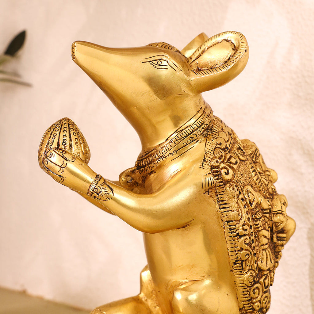 Brass Mushak/Rat Idol – Ganesha’s Devotee on Decorative Pedestal (6.5 INCH) Vedansh Craft