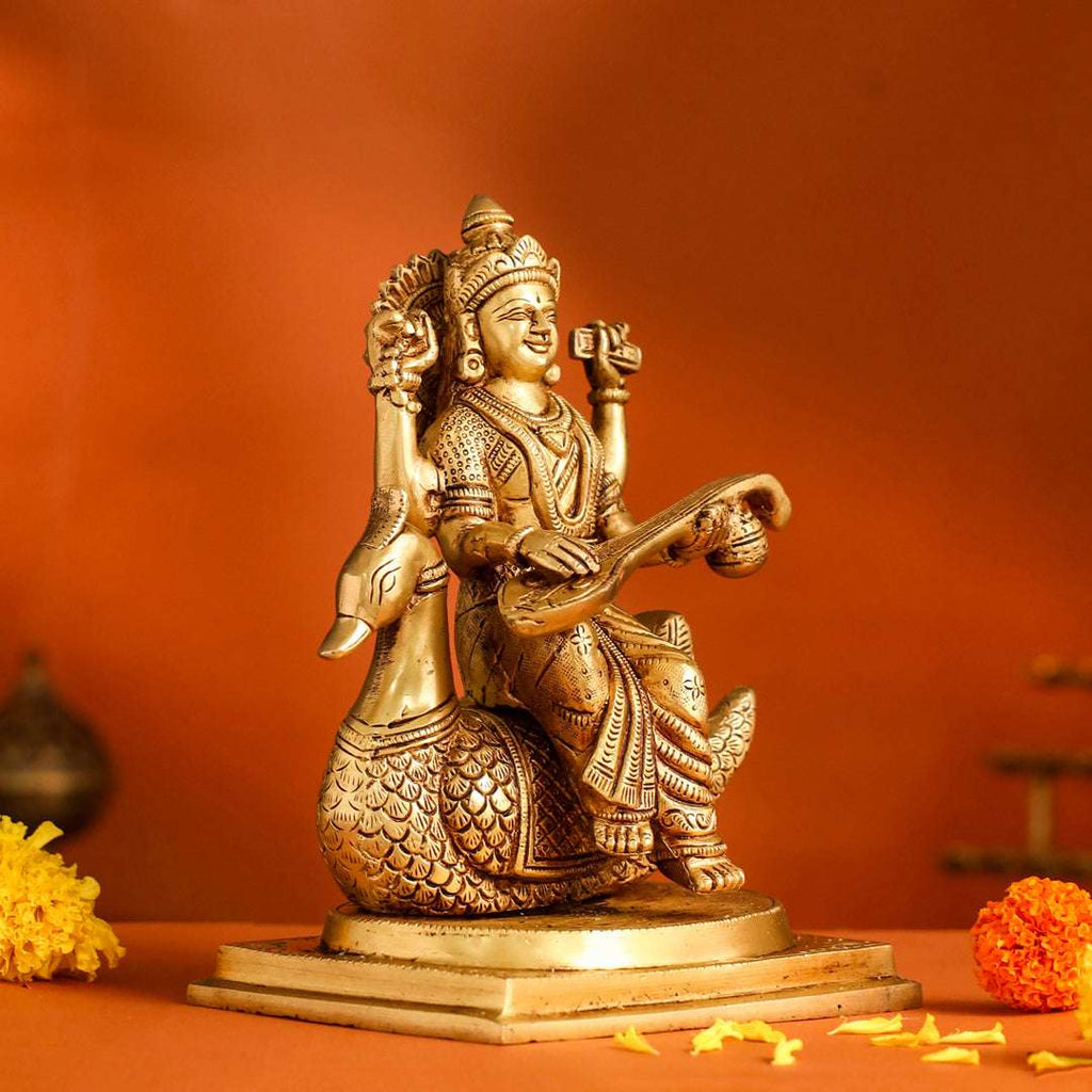 Brass Saraswati Sitting On Swan Figurine (9 Inch) Vedansh Craft