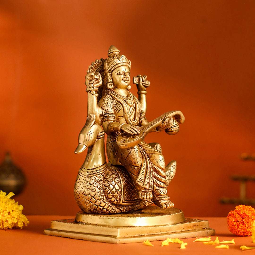 Brass Saraswati Sitting On Swan Figurine (9 Inch) Vedansh Craft