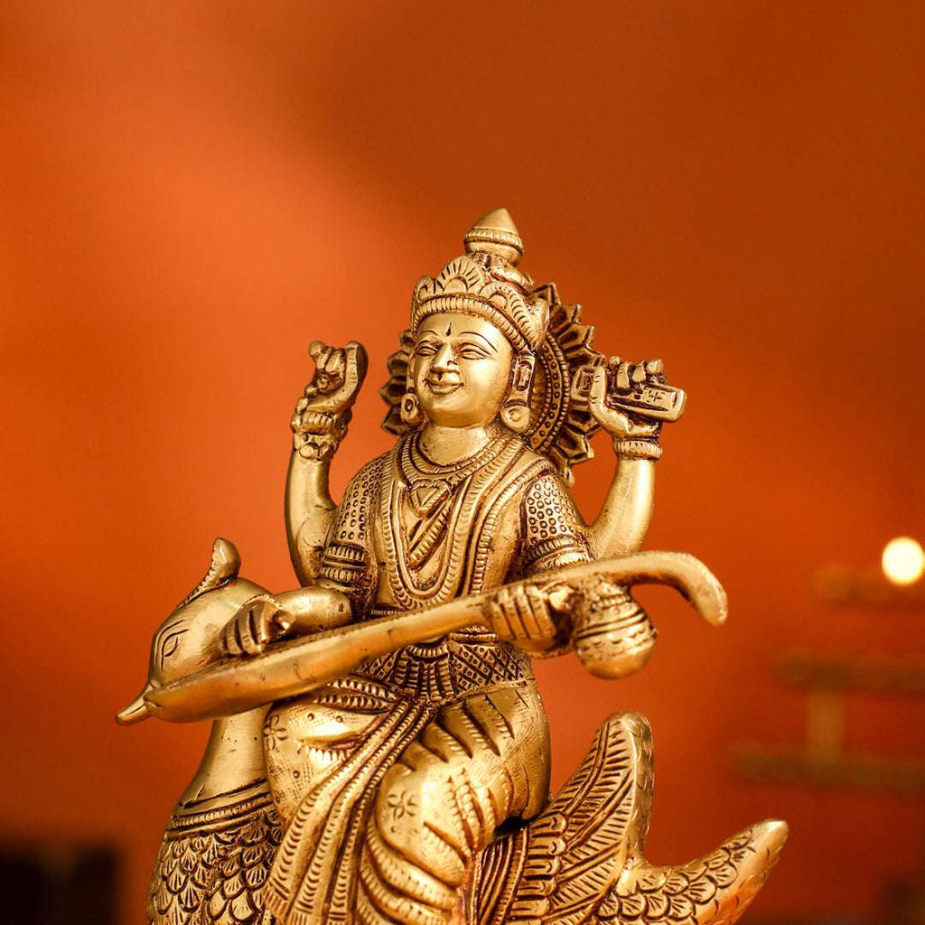 Brass Saraswati Sitting On Swan Figurine (9 Inch) Vedansh Craft