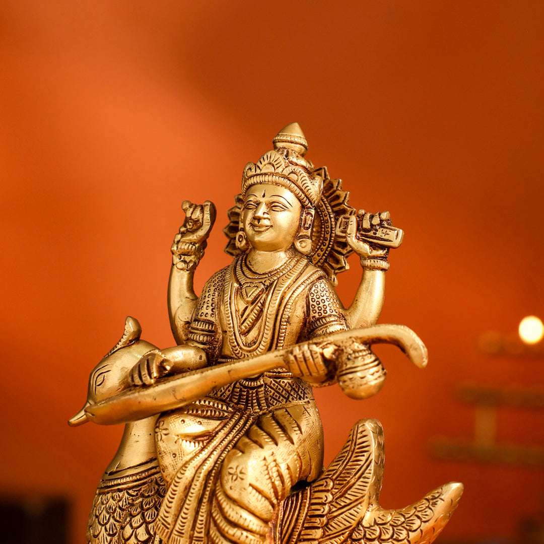 Brass Saraswati Sitting On Swan Figurine (9 Inch) Vedansh Craft