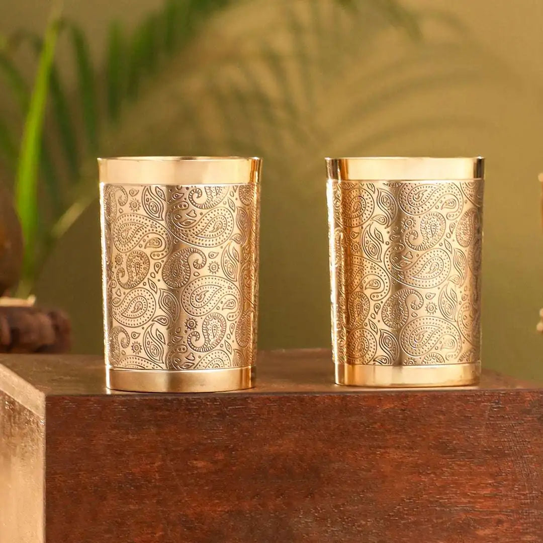 Brass Hand Carved Glass Pair (4 Inch) Vedansh Craft