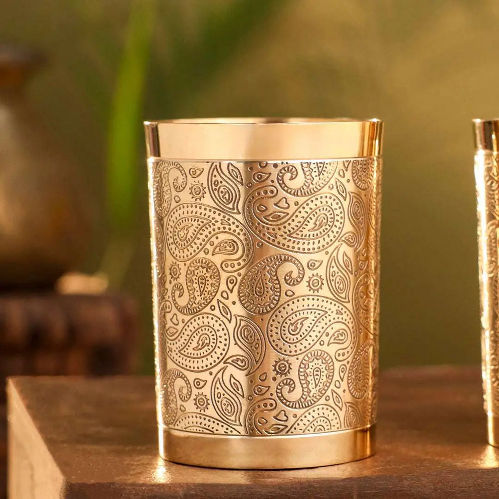 Brass Hand Carved Glass Pair (4 Inch) Vedansh Craft