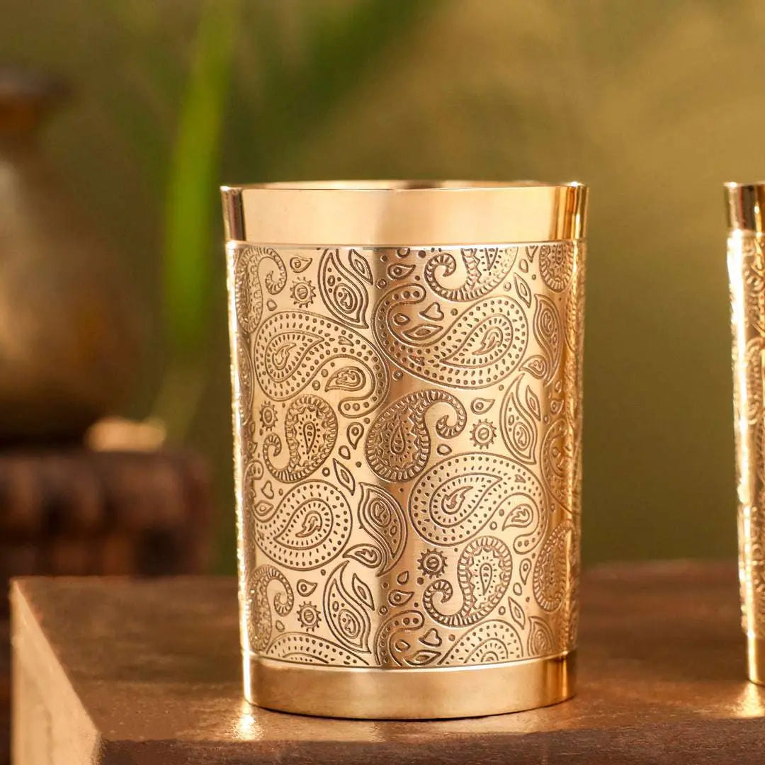 Brass Hand Carved Glass Pair (4 Inch) Vedansh Craft