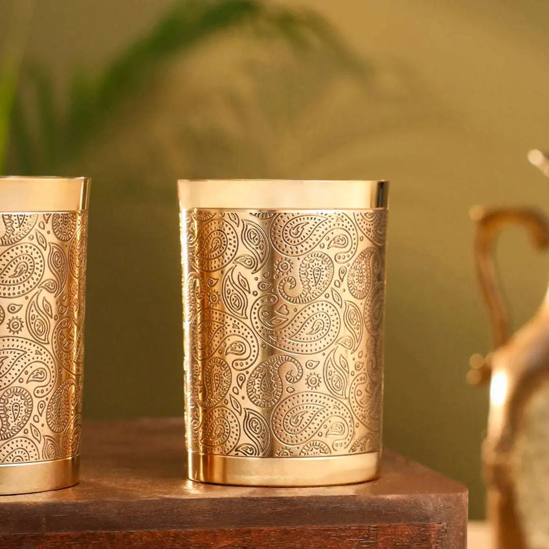 Brass Hand Carved Glass Pair (4 Inch) Vedansh Craft