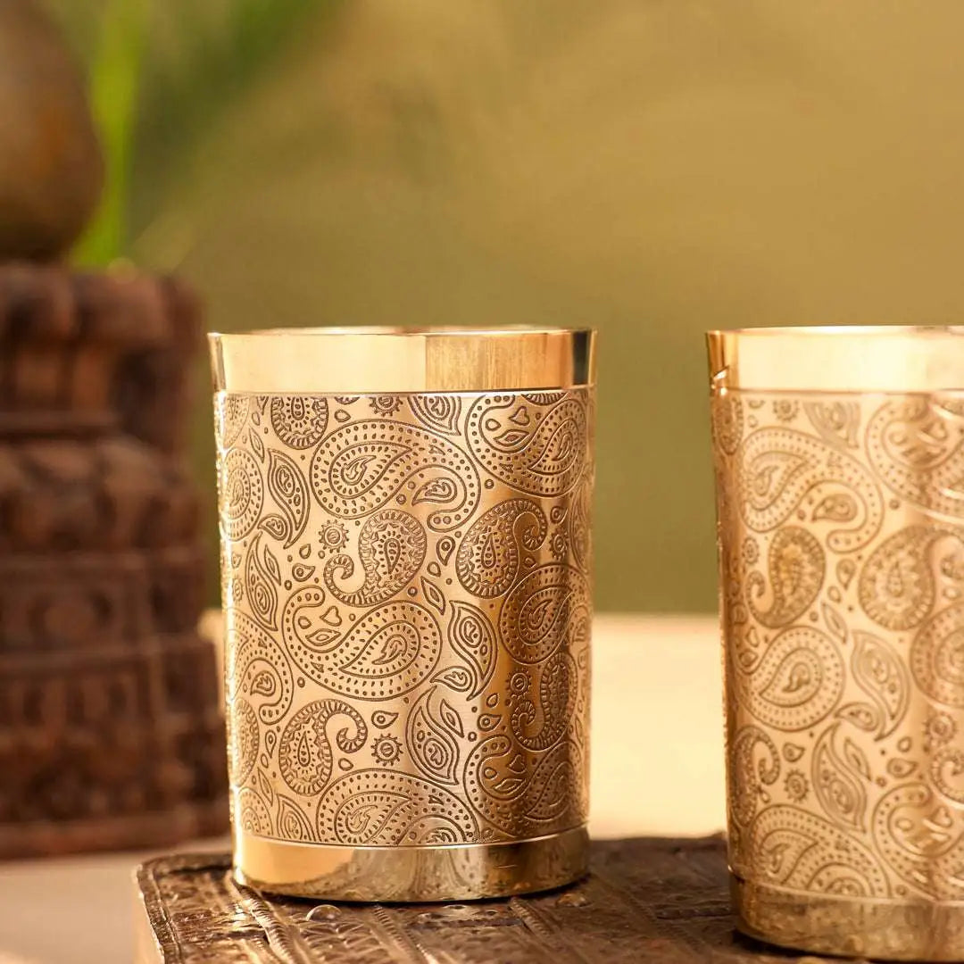 Brass Hand Carved Glass Pair (4 Inch) Vedansh Craft