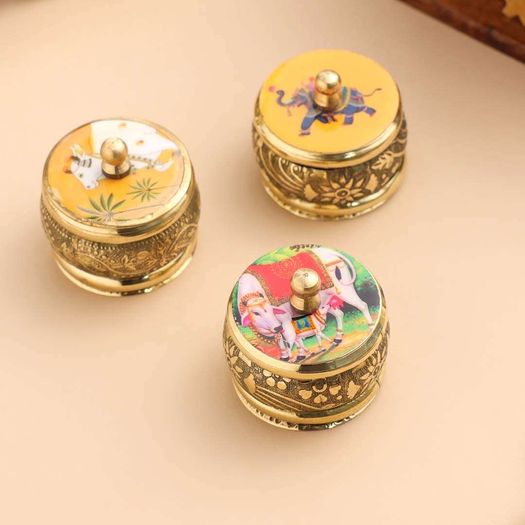 Brass Pichwai Sindoor Box Pack of Three (1.8 INCH) Vedansh Craft