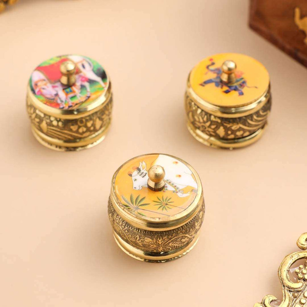 Brass Pichwai Sindoor Box Pack of Three (1.8 INCH) Vedansh Craft