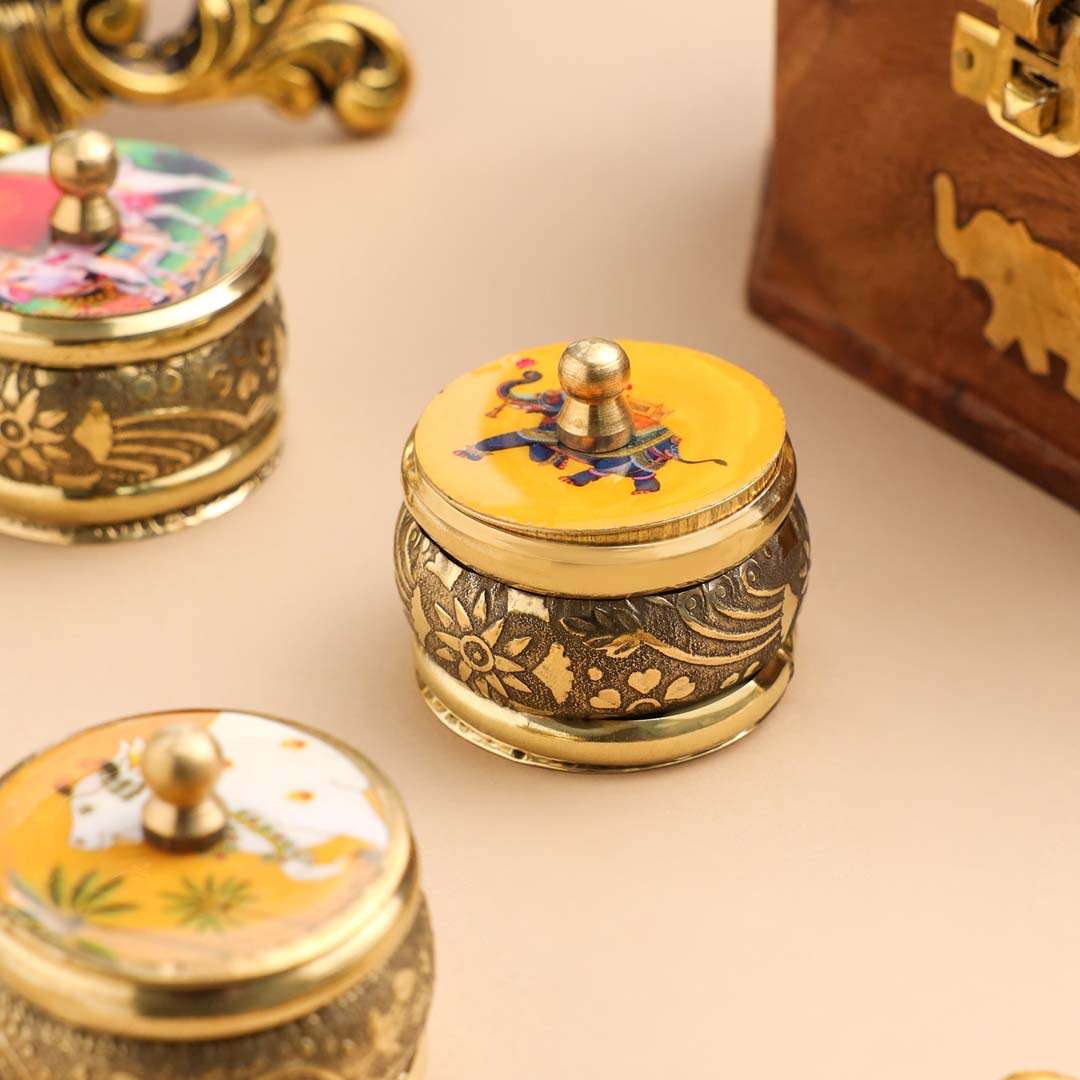 Brass Pichwai Sindoor Box Pack of Three (1.8 INCH) Vedansh Craft
