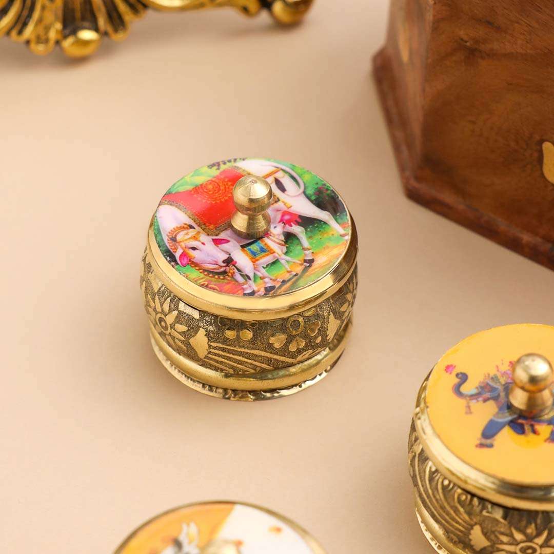 Brass Pichwai Sindoor Box Pack of Three (1.8 INCH) Vedansh Craft