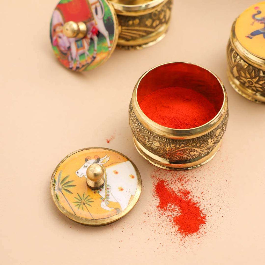 Brass Pichwai Sindoor Box Pack of Three (1.8 INCH) Vedansh Craft