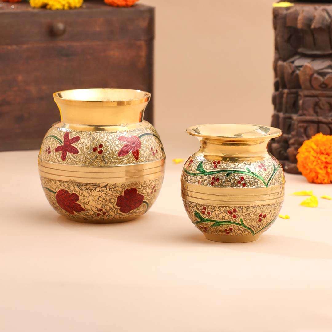 Brass Hand Painted Pooja Kalash with Floral Design Vedansh Craft