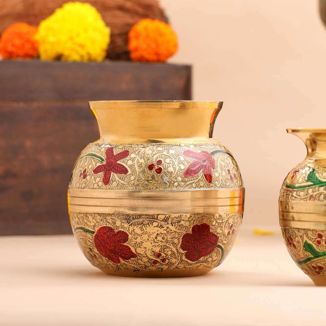 Brass Hand Painted Pooja Kalash with Floral Design Vedansh Craft